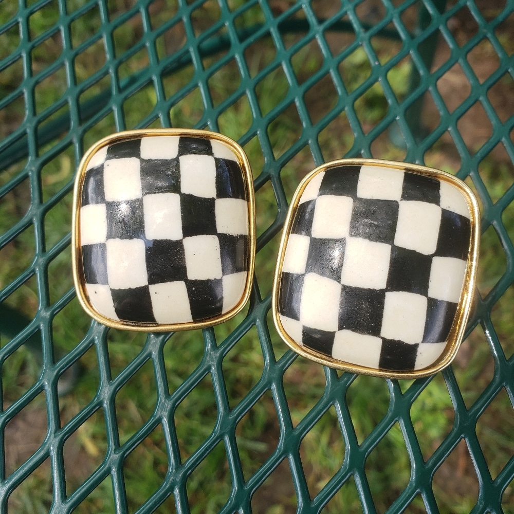 Vintage 90s checkered print clip on earrings